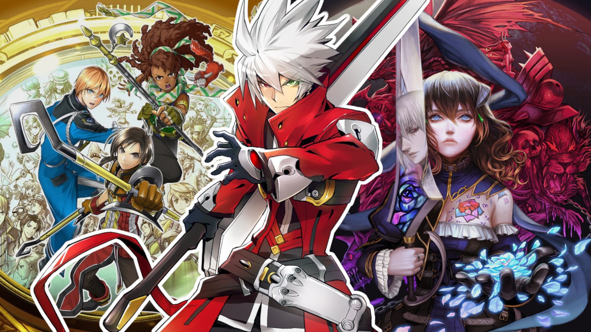 Characters from Eiyuden Chronicle: Hundred Heroes, BlazBlue, and Bloodstained: Ritual of the Night.