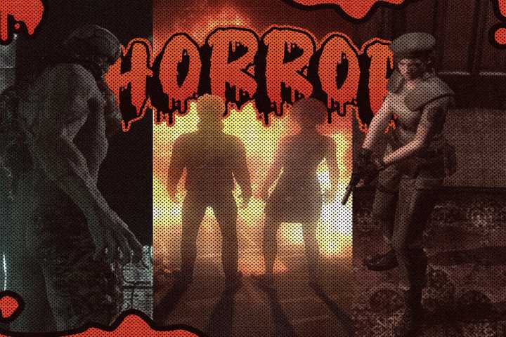 Split screen in three with horror game scenes and 'Horror' written in the center.