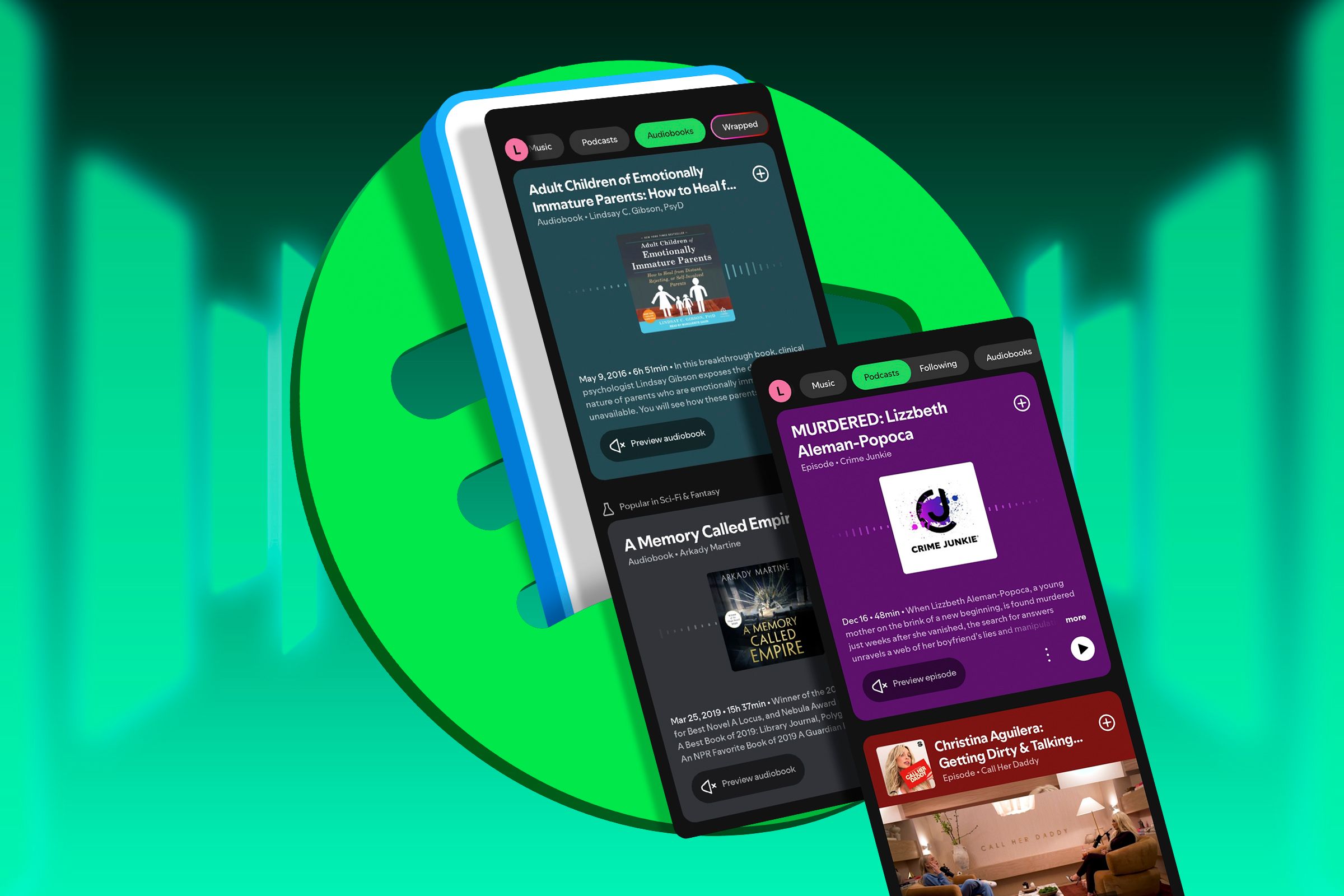 Spotify logo with some app screenshots. 