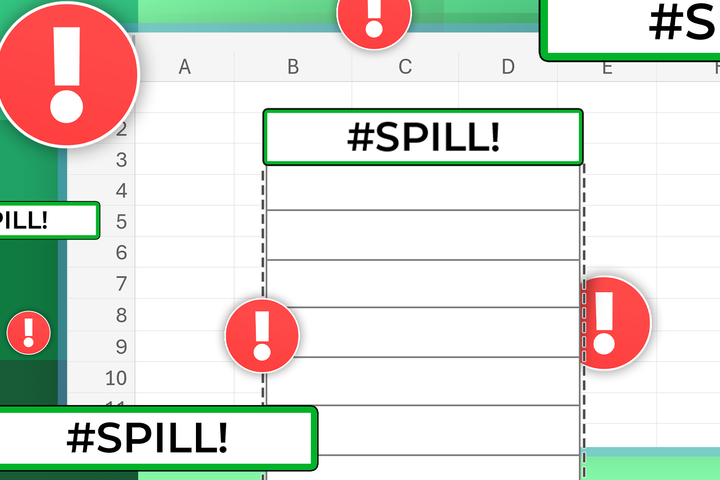 Spreadsheet filled with multiple #SPILL! errors and red exclamation icons, representing issues with Excel dynamic array formulas.-1