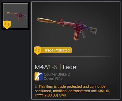 Steam Counter-Strike 2 item named M4A1-S Fade showing a badge that it is Trade Protected for seven days.