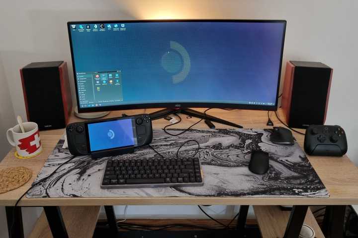 A docked Steam Deck used as a mini PC desktop. 