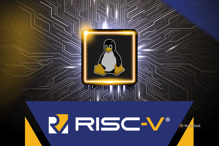 Stylized illustration of the Linux Tux mascot inside a glowing chip, with circuitry in the background and the RISC-V logo displayed prominently below.