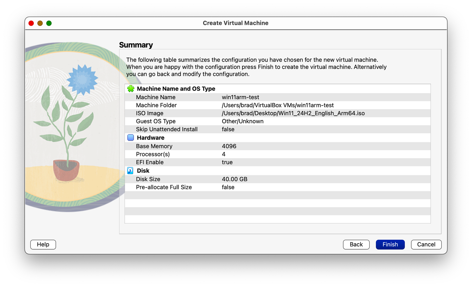 Summary of settings for creating a new VirtualBox virtual machine for Windows 11 ARM on Apple Silicon.