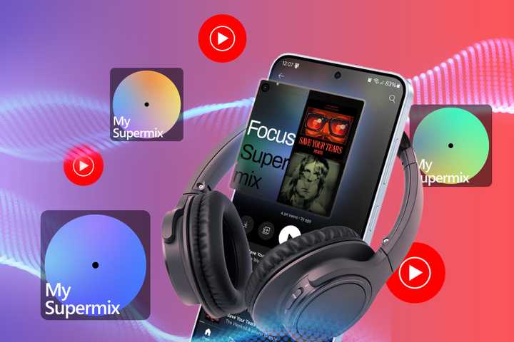 A phone with headphones surrounding it, YouTube Music Supermix highlighted on the screen, and sound waves in the background.