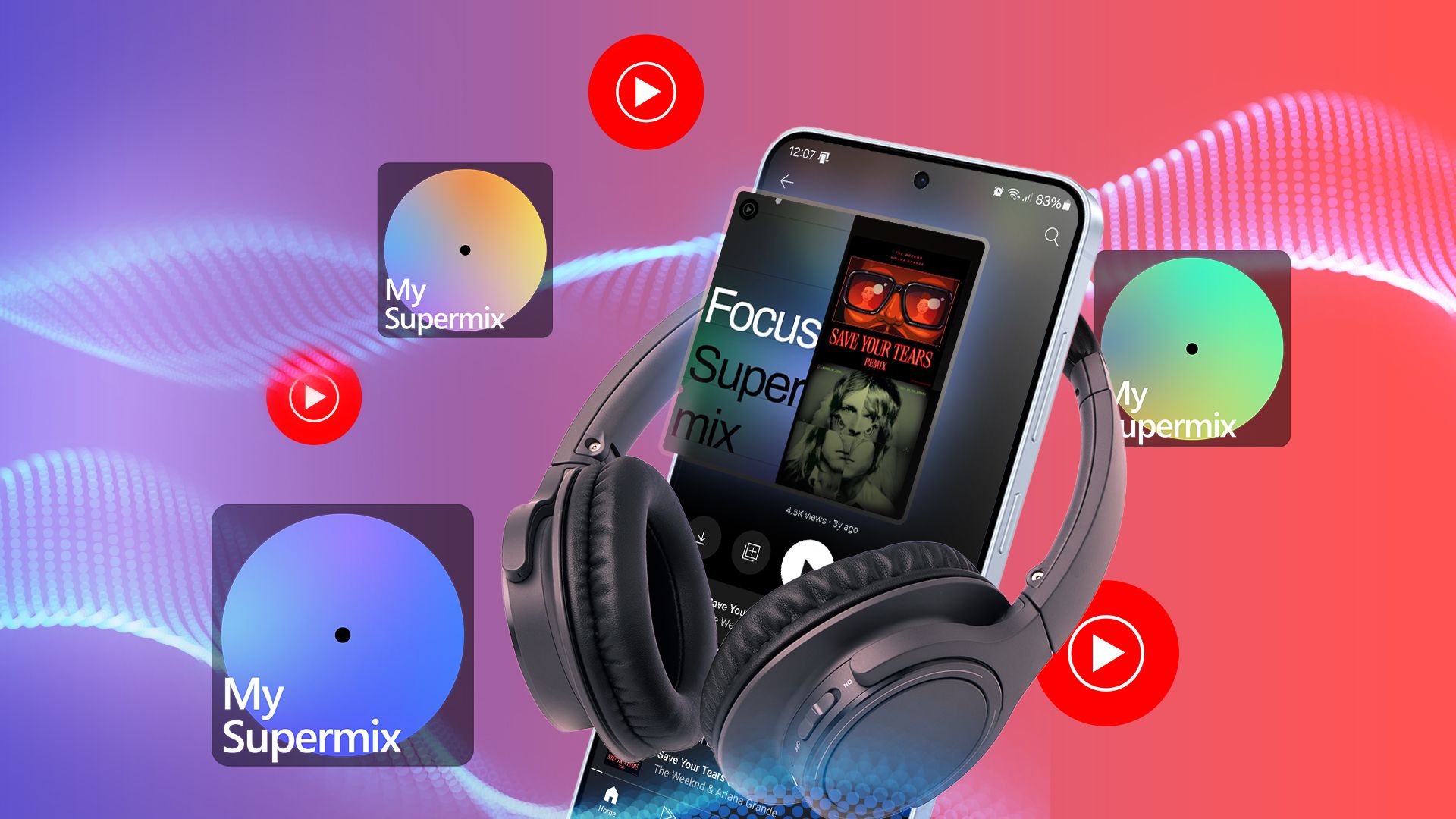 A phone with headphones surrounding it, YouTube Music Supermix highlighted on the screen, and sound waves in the background.