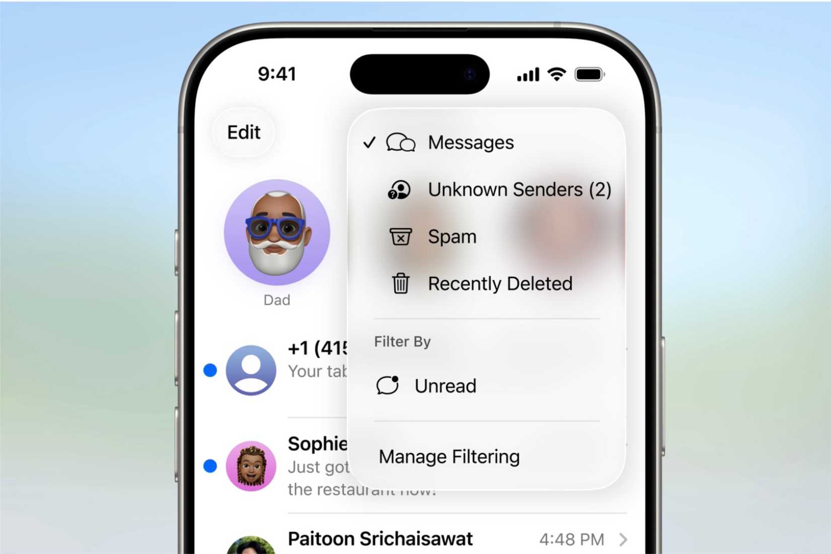 Unknown sender category with a number of conversations from unknown numbers in it on an iPhone.