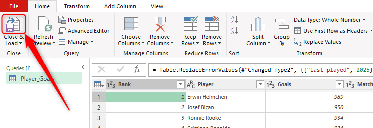 The Close And Load icon in Excel's Power Query Editor.