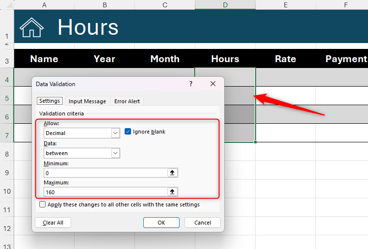 The Data Validation dialog box in Microsoft Excel, with the input restricted to a decimal between 0 and 160.