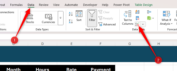 The Data Validation icon is selected in the Data tab on Excel's ribbon.