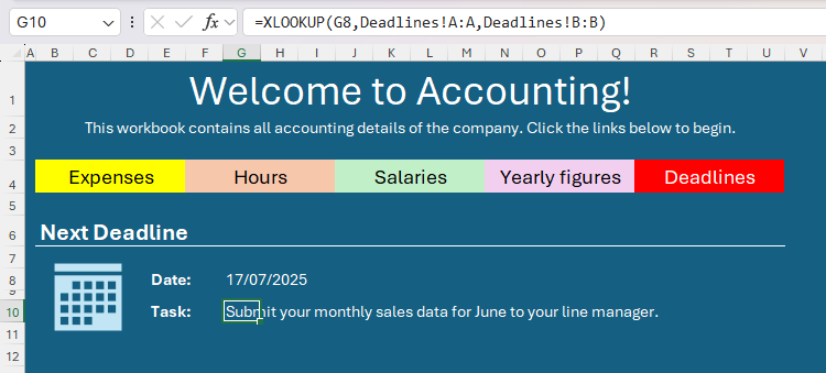 The details of a task for an upcoming deadline are stated through an XLOOKUP formula in Excel.