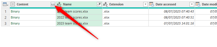 The double down arrow in the header of the Content column in Excel's Power Query Editor.