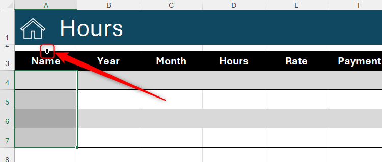 The down arrow cursor in the header of a table column is clicked to select the whole column.