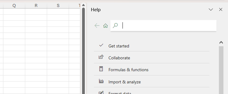 The Help pane in Microsoft Excel.