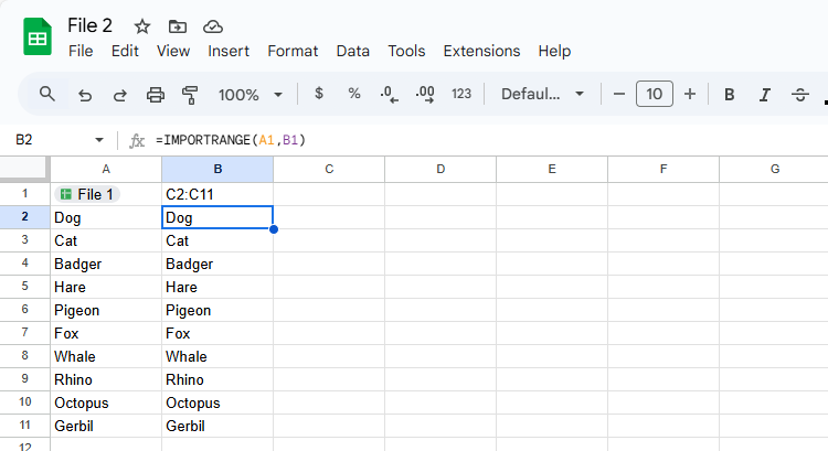 The IMPORTRANGE function in Google Sheets references a file link in cell A1 and cell ranges in cell B1.