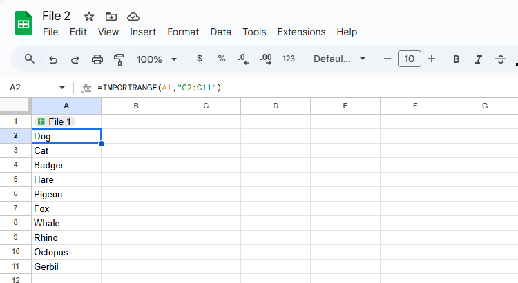 The IMPORTRANGE function in Google Sheets that references a cell containing a link to another file.