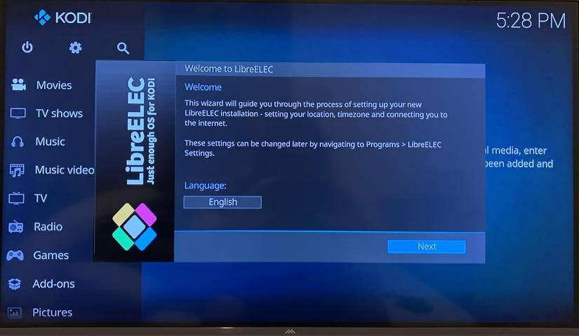 The LibreELEC (Kodi) installation welcome screen.
