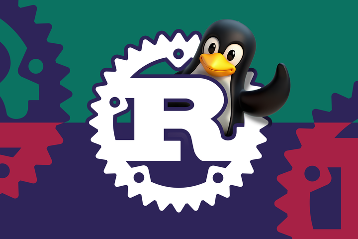 The Linux mascot Tux peeking from behind the Rust logo, with colorful Rust gears in the background.