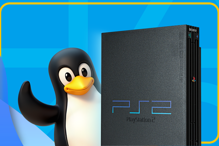 The Linux mascot Tux standing beside an upright PlayStation 2 console, set against a blue background.