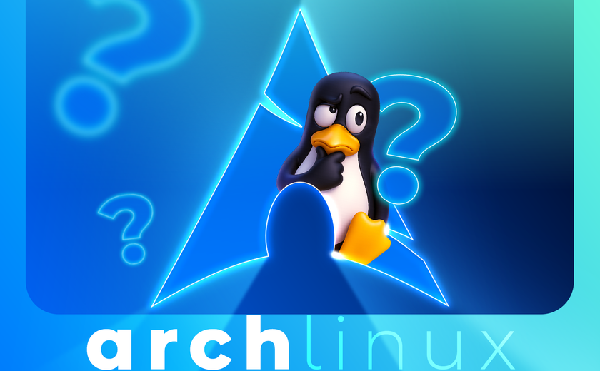 The Linux mascot, with a puzzled expression and one flipper on his chin, stands in front of a glowing Arch Linux logo, surrounded by neon question marks on a blue gradient background.