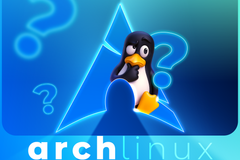 The Linux mascot, with a puzzled expression and one flipper on his chin, stands in front of a glowing Arch Linux logo, surrounded by neon question marks on a blue gradient background.