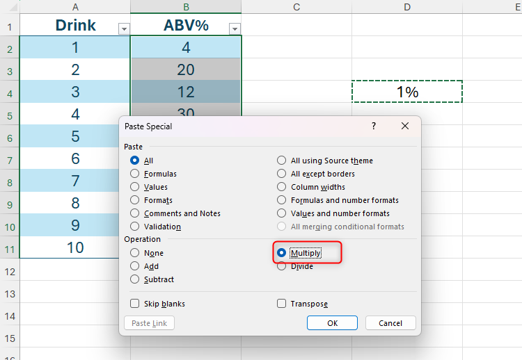 The Multiply option is selected in Excel's Paste Special dialog box