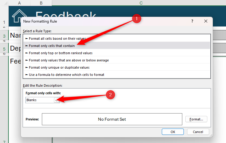 The New Formatting Rule dialog box in Microsoft Excel, with Format Only Cells That Contain and Blanks selected.
