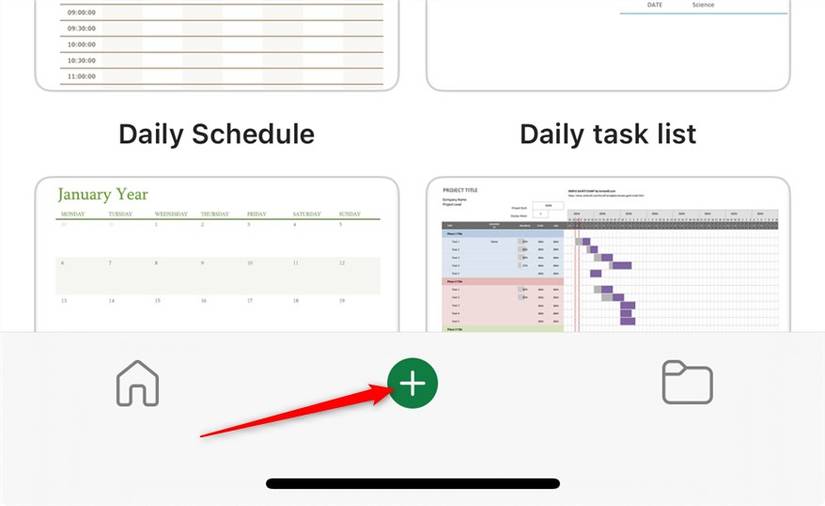 The plus icon on the welcome screen of the iOS Excel app.