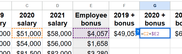 The precedent cells of a formula in Google Sheets containing mixed references are highlighted.