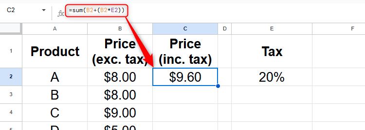 The price of a product after tax is calculated in Google Sheets.