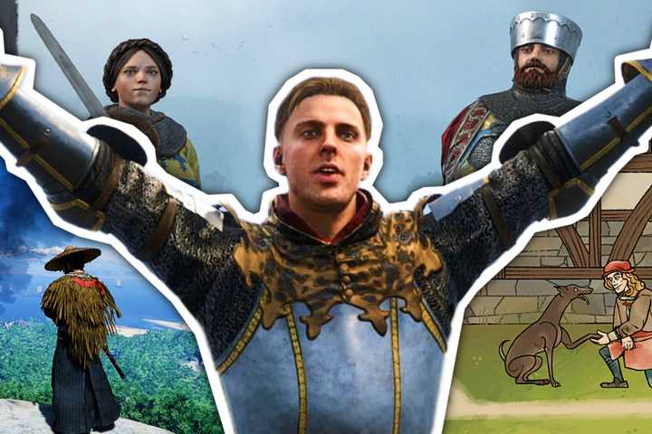 The protagonist of Ghost of Tsushima standing on a cliff next to Hans Capone from Kingdom Come Deliverance 2 next to the player petting a dog from Pentiment under a lord and lady from Crusader Kings 3
