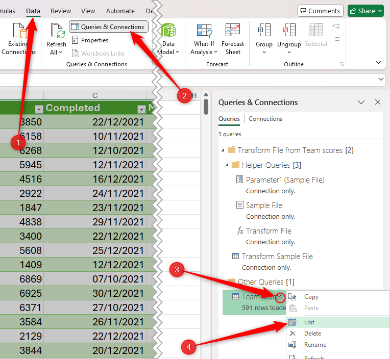 The Queries And Connections Pane in Microsoft Excel is activated, and the right-click menu on the primary query is expanded, where Edit is selected.