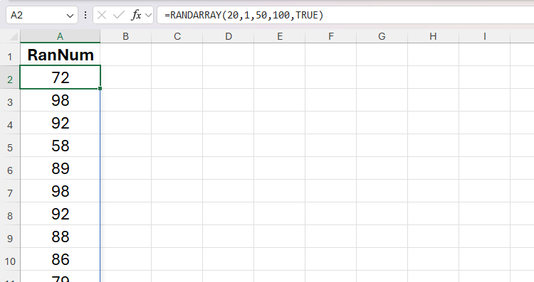 The RANDARRAY function in an unformatted area of an Excel spreadsheet returning random whole numbers between 50 and 100 in cells A2 to A21.