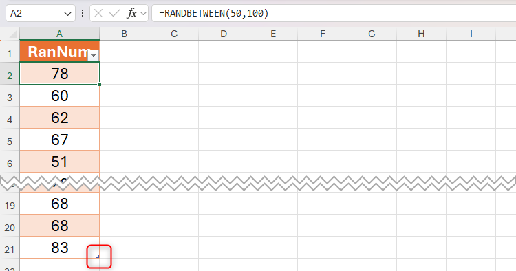 The RANDBETWEEN function being used in Excel to generate 20 random numbers between 50 and 100 in an Excel table.