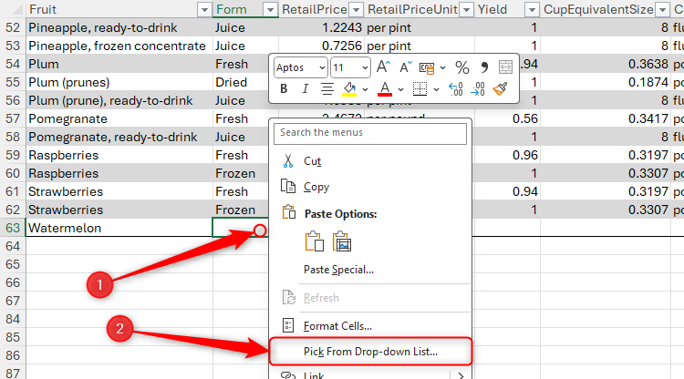 The right-click menu on a cell in Excel is activated, and Pick From Drop-Down List is selected.