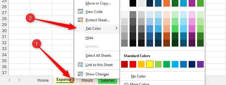 The right-click menu on an Excel worksheet tab is expanded, and Tab Color is selected to reveal the colors available.
