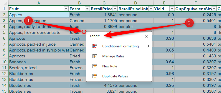 The right-click menu on some selected cells in Excel is expanded, and the first few letters of 'Conditional Formatting' are typed into the search field.