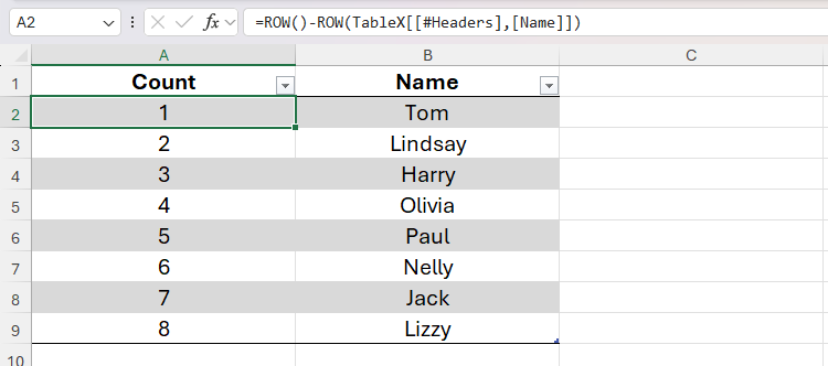 The ROW function in Excel being used as an alternative to the SEQUENCE and COUNTA functions to create a numbered list.