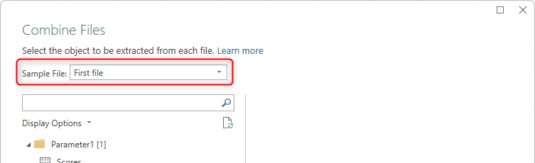 The Sample File area of the Combine Files dialog box in Excel, with First File selected in the drop-down menu.