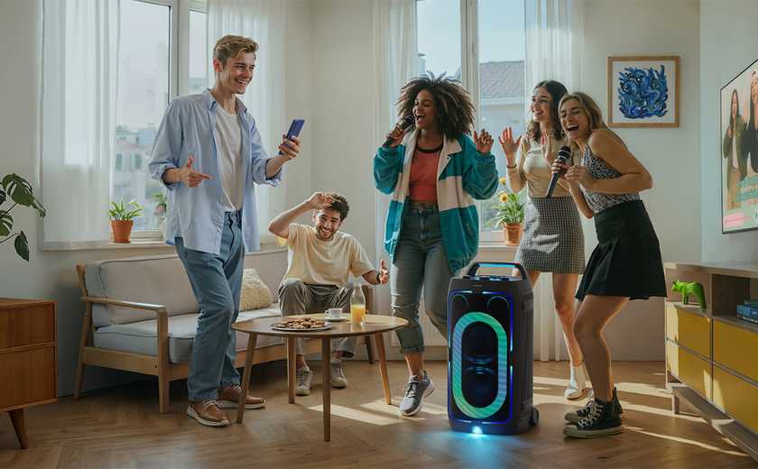 The Samsung Sound Tower being played for a group in a room.