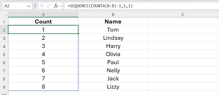 The SEQUENCE and COUNTA functions being used in an unstructured dataset in Excel.