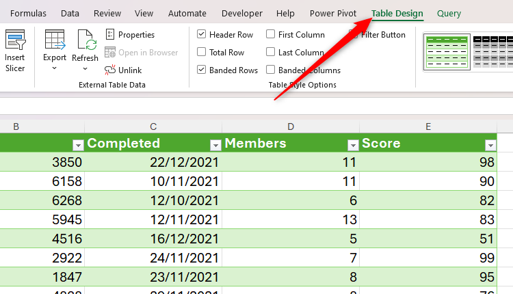 The Table Design tab on the Microsoft Excel ribbon is activated.