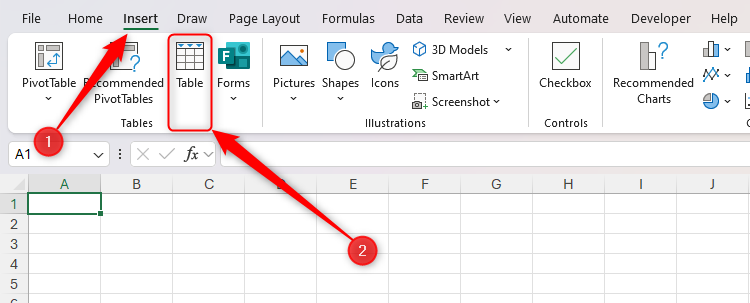 The Table icon is selected in the Insert tab on Excel's ribbon.