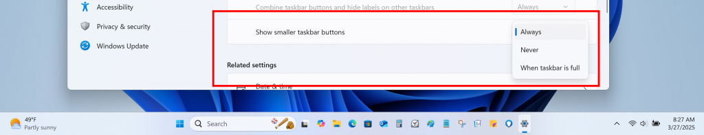 The taskbar with small taskbar icons with setting highlighted in a red box.