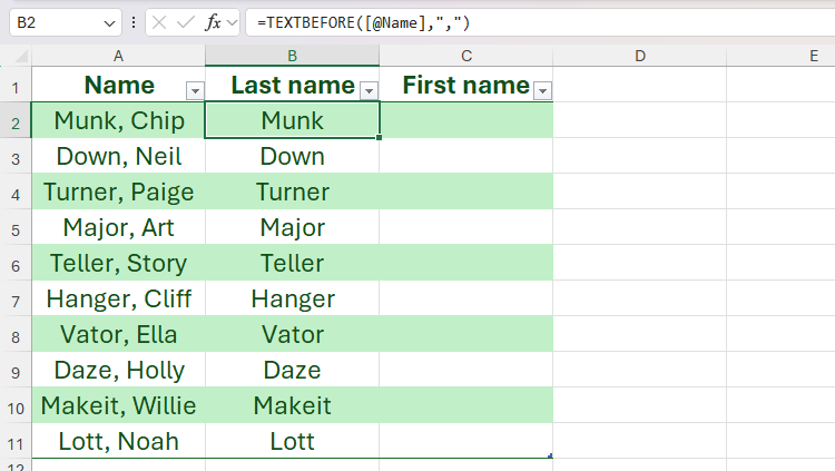 The TEXTBEFORE function being used to extract people's surnames into the adjacent column.