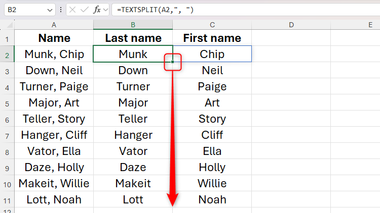 The TEXTSPLIT function in Excel being used to split people's surnames and forenames into adjacent columns.