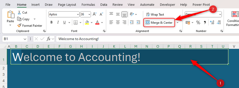 The title row in an Excel worksheet is selected, and Merge And Center in the Home tab is highlighted.