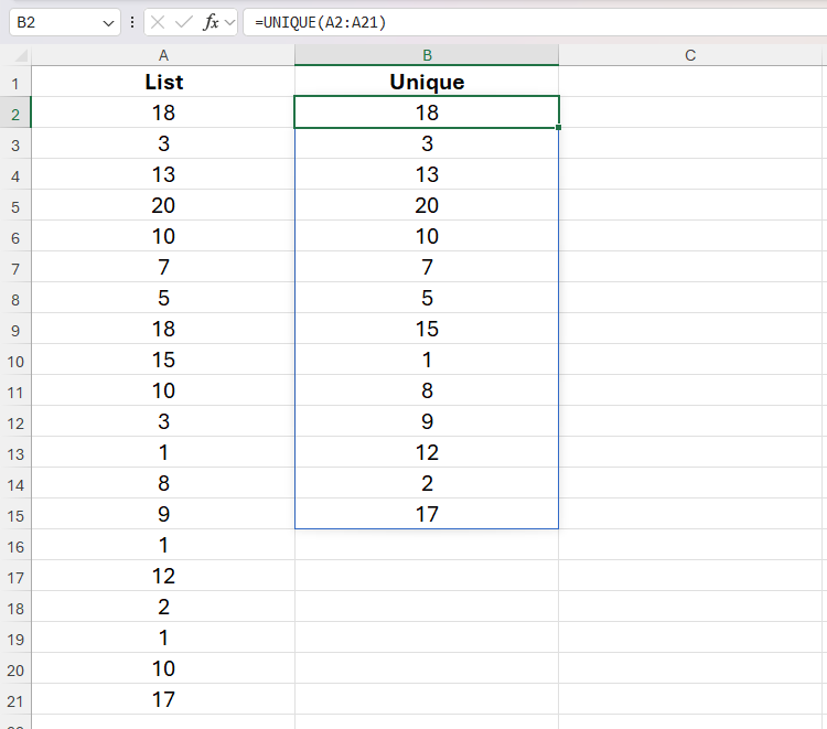 The UNIQUE function in cell B2 in Excel being used to extract unique values from cells A2 to A21.