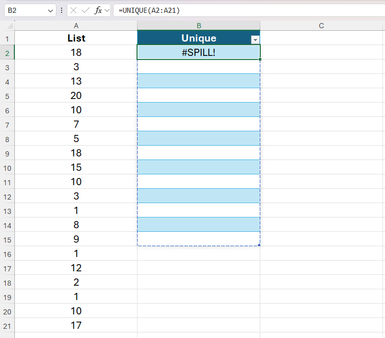 The UNIQUE function returning the SPILL error in a Microsoft Excel table.