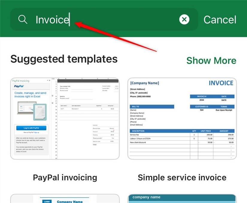 The word Invoice is typed into the Excel iOS search bar to search for invoice templates.